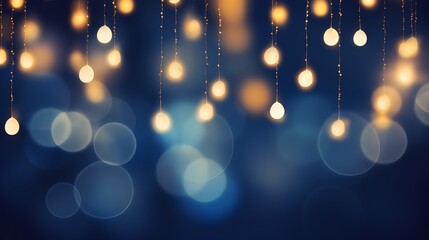Dark blue background adorned with festive bokeh lights in a soft blur, creating a beautiful and elegant decoration. Celebration and enchantment, perfect for setting a festive, holiday, or magical mood - obrazy, fototapety, plakaty