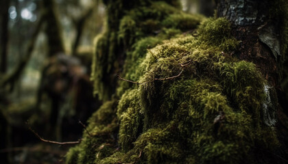 Green leaves on old tree trunk in forest generated by AI