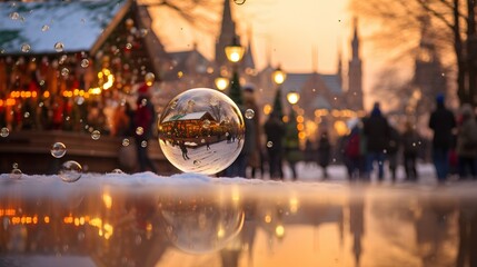 Soap bubbles floating in air with blurry Christmas market in backdrop. Magical, beautiful, and playful winter vibe, perfectly encapsulating the joyous spirit of the holiday season.