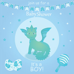 Set of baby shower invitations with cartoon character, rattle, unicorn and dinosaur. This is a boy. Vector illustration, EPS 10.