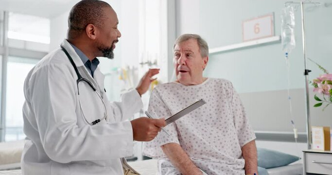 Senior man, doctor and clipboard for hospital patient in medical checkup, good news and surgery success report. African professional, smile and test results paper for healthcare insurance consulting