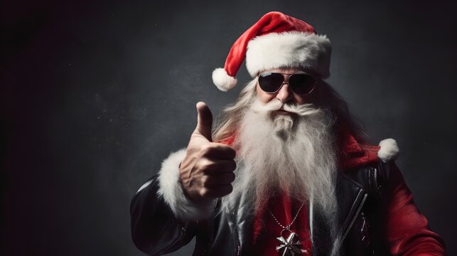 Cool Santa Claus with hard rock Christmas outfit making a heavymetal gesture with his hand. Santa gives a thumbs up, adding a playful and rebellious vibe. Seasonal red hat and white beard.