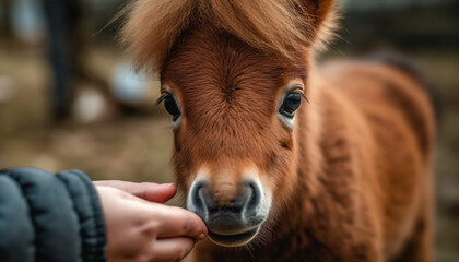 Fototapeta premium Cute foal grazing in meadow, summer fun generated by AI