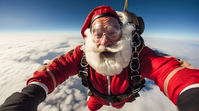 Closeup image of Santa Claus skydiver. Falling from sky in a free fall, with a backdrop of fluffy white clouds and a clear blue sky. Christmas presents or gifts delivery with parachute Santa.