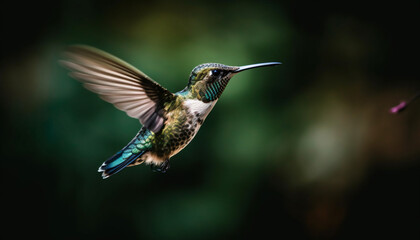 Fototapeta premium Hummingbird hovering, spreading iridescent wings in mid air generated by AI