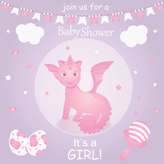 Obraz na płótnie Canvas Set of baby shower invitations with cartoon character, rattle, unicorn and dinosaur. This is a girl. Vector illustration, EPS 10.