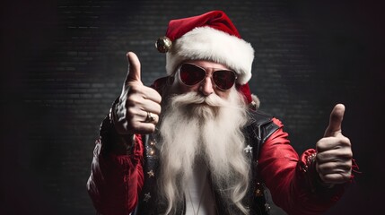 Cool Santa Claus with hard rock Christmas outfit making a heavymetal gesture with his hand. Santa gives a thumbs up, adding a playful and rebellious vibe. Seasonal red hat and white beard. - obrazy, fototapety, plakaty