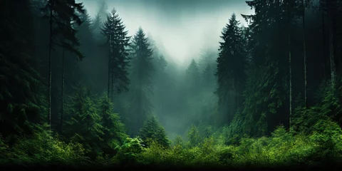 Fotobehang Misty mountain landscape with fir forest in vintage retro style. Generative AI © AngrySun