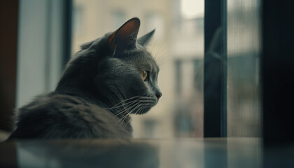 Fluffy kitten staring out window, cute feline relaxation indoors generated by AI