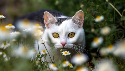 Cute kitten sitting in green meadow, staring at camera playfully generated by AI