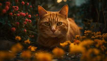 Curious kitten staring at camera in green meadow, playful and cute generated by AI