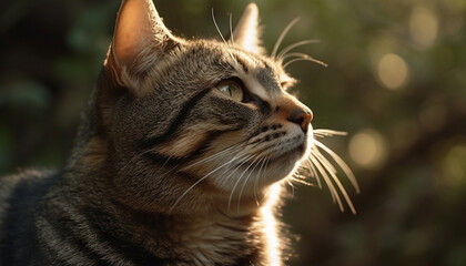 Naklejka na ściany i meble Fluffy kitten staring, playful and curious, in green meadow generated by AI