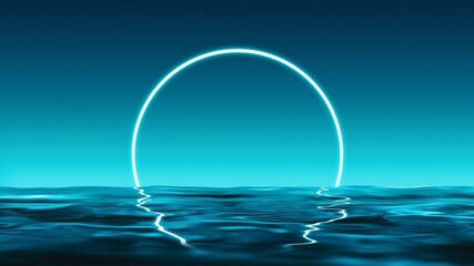 3d render Round neon shape reflected over blue water