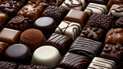 Assorted Chocolate pralines on brown background