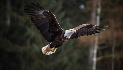 Bald eagle spreads majestic wings in flight generated by AI