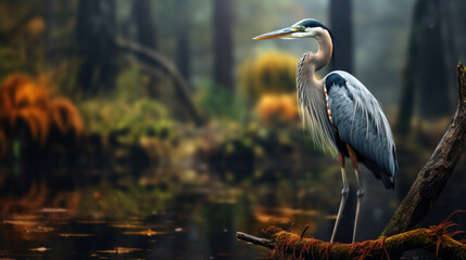 The grey heron is a long-legged predatory wading bird of the heron family, Ardeidae, native throughout temperate Europe and Asia and also parts of Africa. - obrazy, fototapety, plakaty