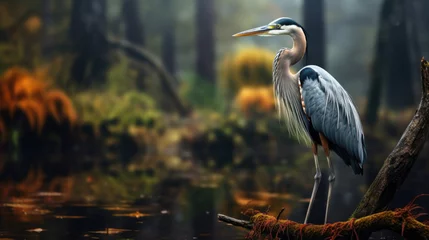 Foto op Plexiglas The grey heron is a long-legged predatory wading bird of the heron family, Ardeidae, native throughout temperate Europe and Asia and also parts of Africa. © Ruslan Gilmanshin