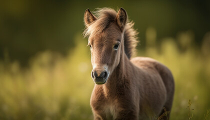 Obraz na płótnie Canvas Cute foal grazing in green meadow outdoors generated by AI