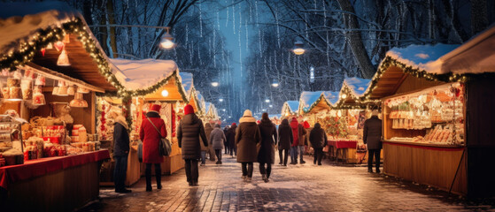 evening christmas market at old town hall square - obrazy, fototapety, plakaty