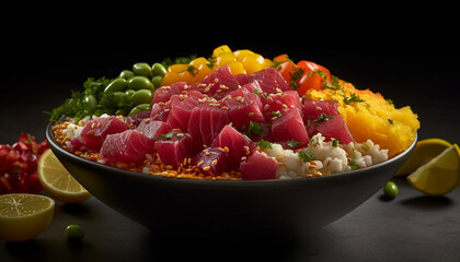 Freshness and nature on a plate  grilled meat, seafood, and vegetables generated by AI