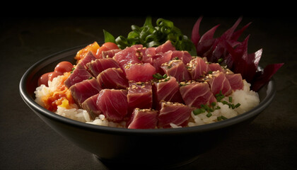 Fresh seafood sashimi and grilled steak on gourmet plate lunch generated by AI