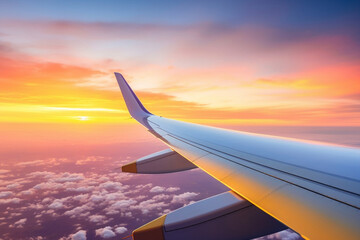 Wing cloud sunset plane high aircraft window transportation blue air travel flight sky