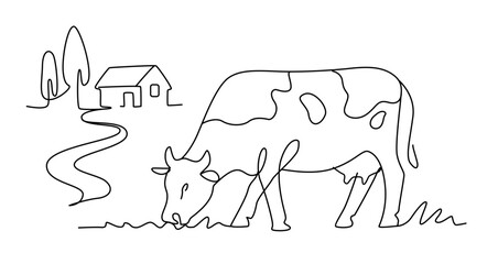 Cow with house line art drawing. Minimalist black linear sketch