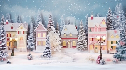 Fototapeta premium Winter cute town with snow-covered street and cozy houses. Town landscape background, greeting card. Generative AI