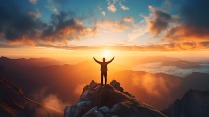 Man standing on top of a mountain with raised hands looking at the sunset - obrazy, fototapety, plakaty