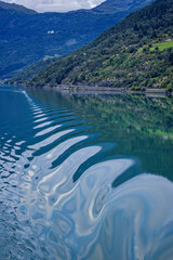 Ripples appear on the waters of the fjord near Skjolden, Norway