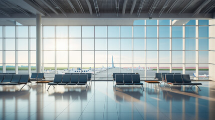 An empty terminal, aircrafts are waiting and preparing for their next flight - Powered by Adobe