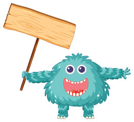 Happy Blue Alien Monster with Empty Signboard Banner