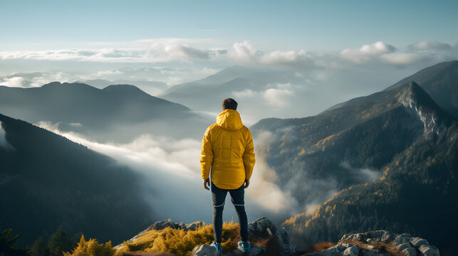 Man in yellow jacket standing on top of the mountain and looking at the valley