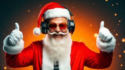 Festive Santa Claus with DJ headphones, inviting to nightclub Christmas party celebration or New Years Eve club event. Colorful and energetic background for a lively winter holiday party vibe.