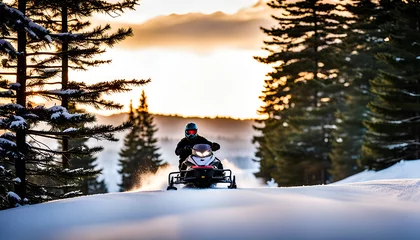 Fotobehang Snow mobile gliding over snow surrounded by pine tree's with a glowing golden sunset and distant snow covered mountains.  © Alexias