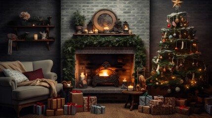 Decorated living room with warm and cozy Christmas winter vibe. Classical and elegant design fireplace with decorations creating the perfect atmosphere for holiday season. Traditional luxurious home.