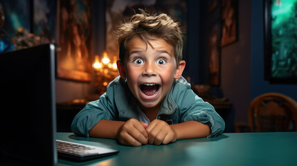 cute cheerful little boy sitting at the table in surprise, shock, excitement, portrait of child, kid, schoolboy, study, internet, gamer, learning, eyes, facial expression, emotions, emotional face