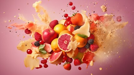  a bunch of fruit is falling into the air with a pink background.  generative ai