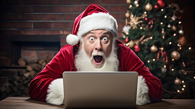 Surprised Santa Claus sitting in front of computer with shock as he reads an expensive Christmas gift list. Digital winter wishlist for presents as modern letter writing. Cozy decorations and tree.