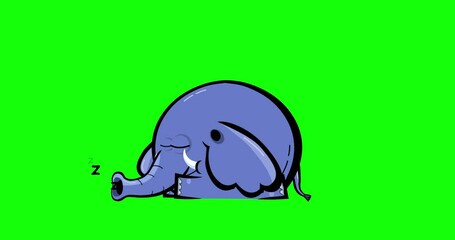 Cartoon blue elephant animation black outline sleep greenbox. Animated character isolated chromakey. Good for any material for kids, adverts, etc...