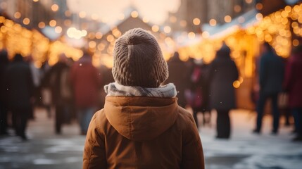 Child standing in a winter and looking to Christmas market. Cute kids with festive background. Traditional seasonal market, adorned with twinkling lights and holiday decorations. Snow and cold.