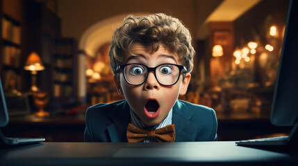 cute cheerful little boy sitting at the computer in surprise, shock, excitement, portrait of child, kid, schoolboy, study, internet, gamer, learning, eyes, facial expression, emotions, emotional face - obrazy, fototapety, plakaty