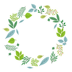 Frame of sprigs with green leaves. Decorative natural plants.