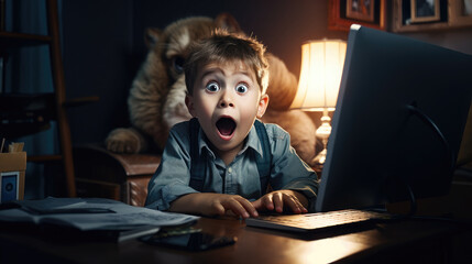 cute cheerful little boy sitting at the computer in surprise, shock, excitement, portrait of child, kid, schoolboy, study, internet, gamer, learning, eyes, facial expression, emotions, emotional face