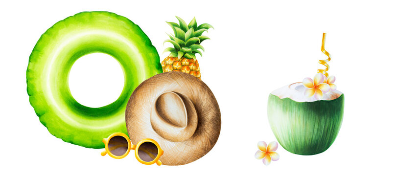 Watercolor tropical beach composition with hat, sunglasses, pineapple, pool float and green coconut with gold tube illlustrations. Tropical fruit isolated on white background. For designers