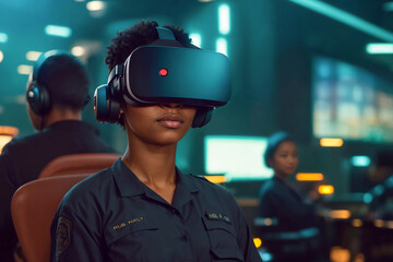 Police service emergency call center operator at work, wearing virtual reality goggles and headset, with other employees