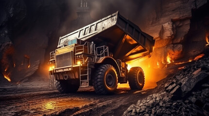 Large quarry dump truck. Big yellow mining truck at work site.