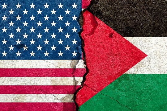 US (United States) VS Palestine flags on broken wall background, abstract Middle East USA Palestine politics religion culture relationship divided conflicts concept wallpaper