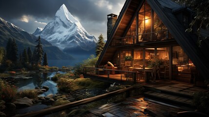  a cabin in the mountains with a river running through it.  generative ai
