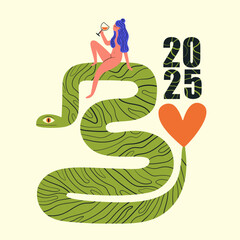 Vector illustration with green snake and woman drinking wine from wineglass. New Year greeting card template, wall decoration party poster - 659537944